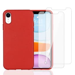 Kuori iPhone XR ja 2 suojakalvo - Luonnollinen materiaali - Punainen