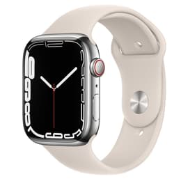 Apple Watch (Series 7) 2021 GPS 45 mm - Ruostumaton teräs Hopea - Sport band Wit