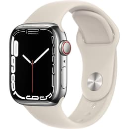 Apple Watch (Series 7) 2021 GPS + Cellular 45 mm - Ruostumaton teräs Harmaa - Sport band Wit
