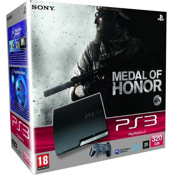 Konsoli Sony PlayStation 3 Slim 320GB +1 Ohjain + Medal of Honor - Musta