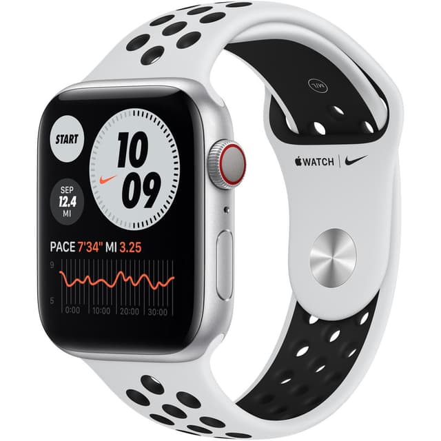 Apple Watch (Series 6) Syyskuu 2020 44 mm - Alumiini Hopea - Armband Sport Nike Puhdas platina / Musta